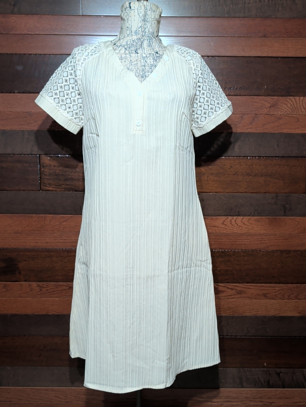 No Brand Tag Cream Textured Shift Dress with Lace Sleeves